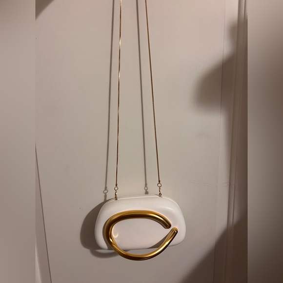 Zara Cream Gold Womens Hard Clutch Purse Box Crossbody Metallic Formal Wedding - Picture 8 of 11